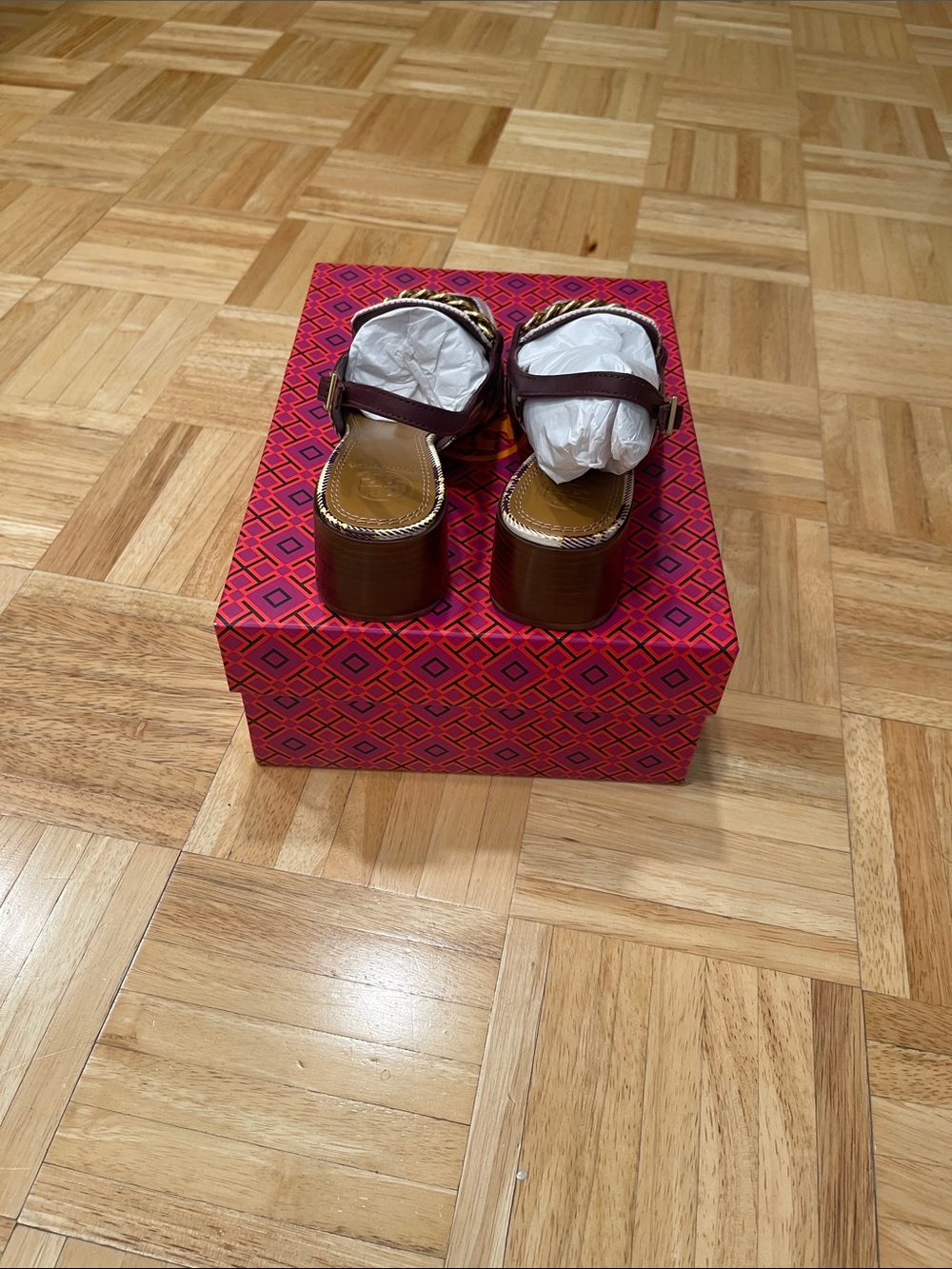 Women's Burgundy Plaid slingback loafer. - Picture 4 of 6